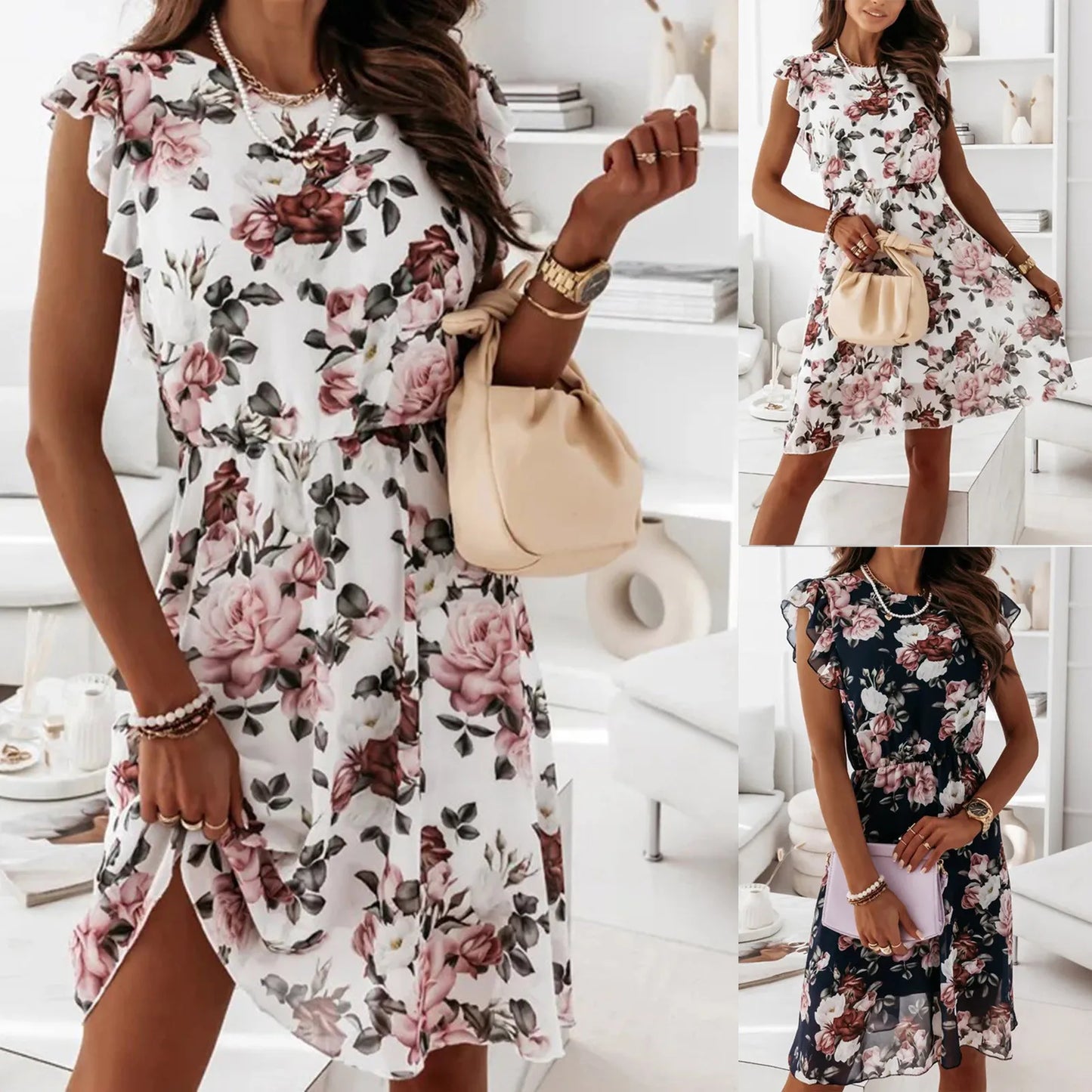 Lace-Up Mini Dress - Chiffon Print Short-Sleeved Ruffled Women's Dress