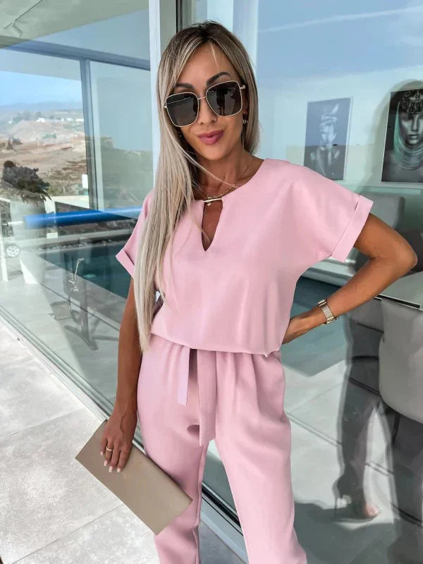 Women's Summer Jumpsuit Solid Color Short Sleeve V-neck Pocket Lace-up Pencil Long Pants