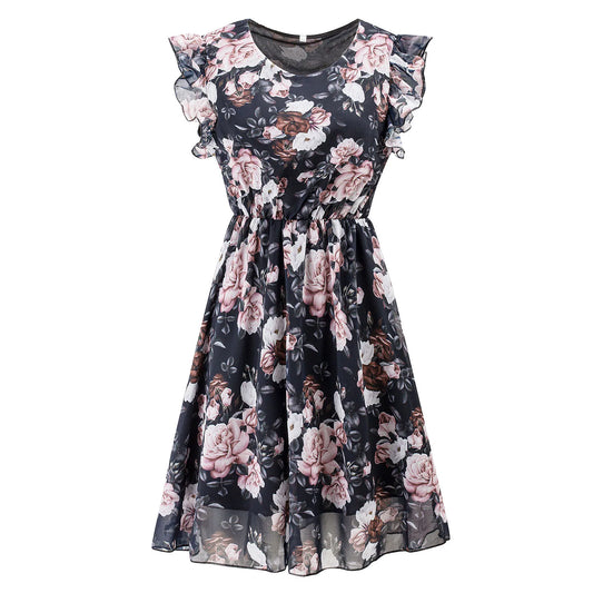 Lace-Up Mini Dress - Chiffon Print Short-Sleeved Ruffled Women's Dress