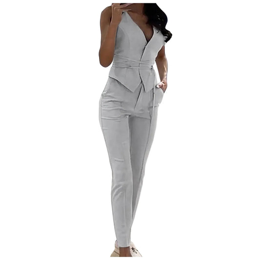 Elegant Pantsuit Set 2 Piece Solid V-Collar Top and Trousers for Women's Fashion Streetwear Summer Outfit