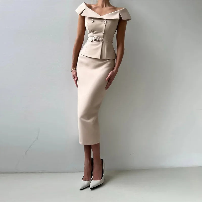 Elegant Midi Skirt Suit Women Double-Breasted Slim Top Belt Hip Package Skirt 2 Piece Outfits