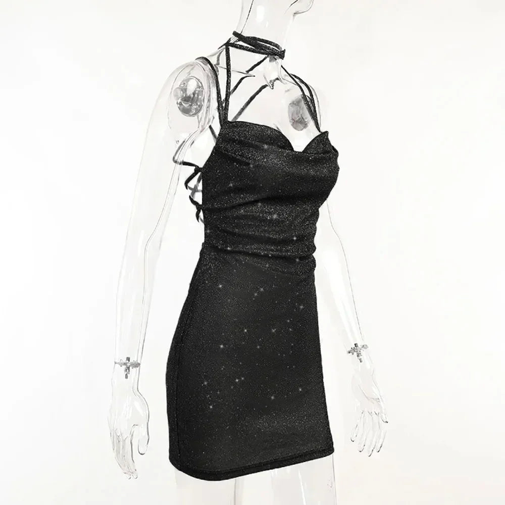 Sexy 90s Cowl-Neck Rave Dress - Glitter Y2K Clubwear | Femstylo
