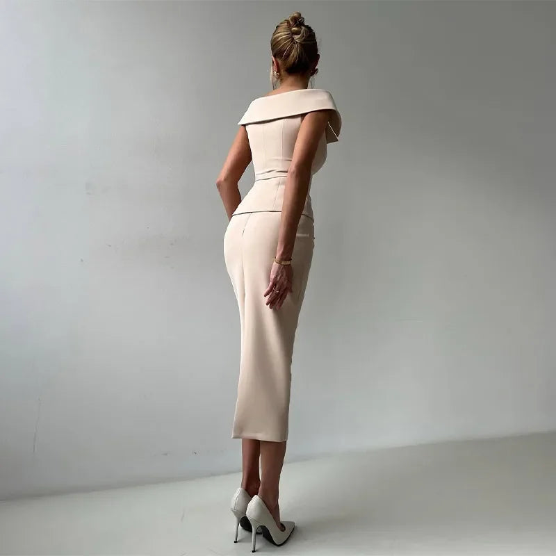 Elegant Midi Skirt Suit Women Double-Breasted Slim Top Belt Hip Package Skirt 2 Piece Outfits
