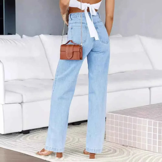 Women's High Waist Straight Leg Women's Jeans Denim Loose Fit with Pockets Wide Leg Basics