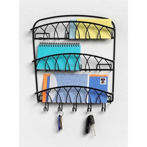 3-Tier Letter Holder Organizer with Key Hooks in Black Metal Finish | Kitchen + Metal