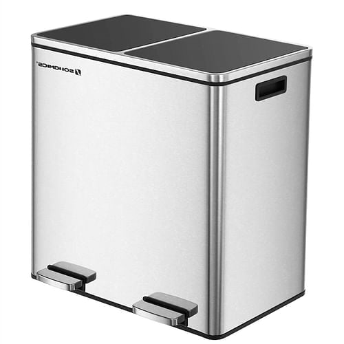 Dual Stainless Steel 16-Gallon Trash Can Recycle Bin with 2 Step on | Trash Cans | Kitchen + Metal
