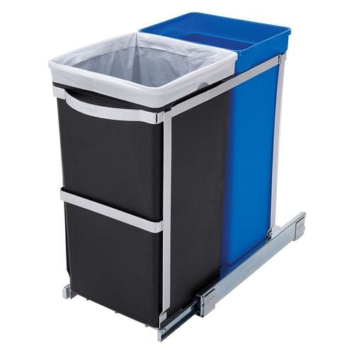 Pull Out Blue Recycle Bin Black Trash Can Slides Under Kitchen Counter | Trash Cans | Kitchen + Metal