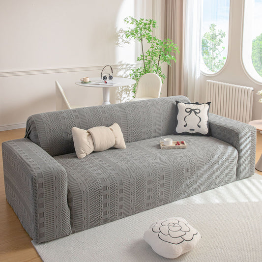 High Stretch Embossed Geometric Slipcover for Couch, Cozy Plush Fleece Couch Cover