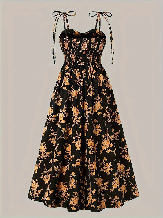 European and American Fashion Flower Print A-Line Dress with Shoulder Ties and Slit