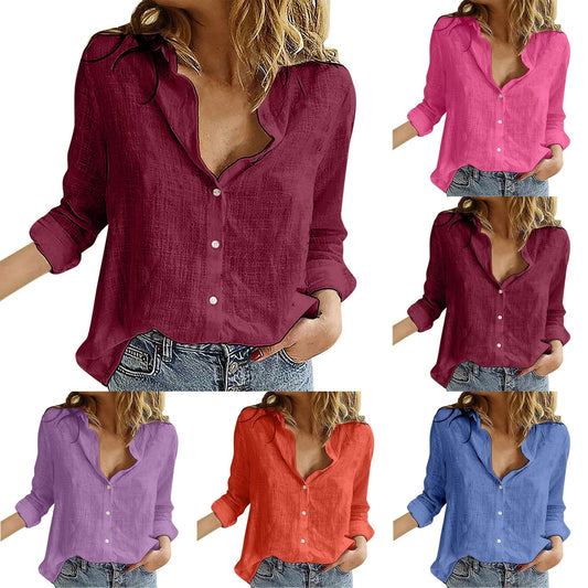 Oversized Linen Cotton Blouse Women's Blouse S-3XL Loose Summer Shirt Turn Down Collar Long Sleeve Solid Color Button Top