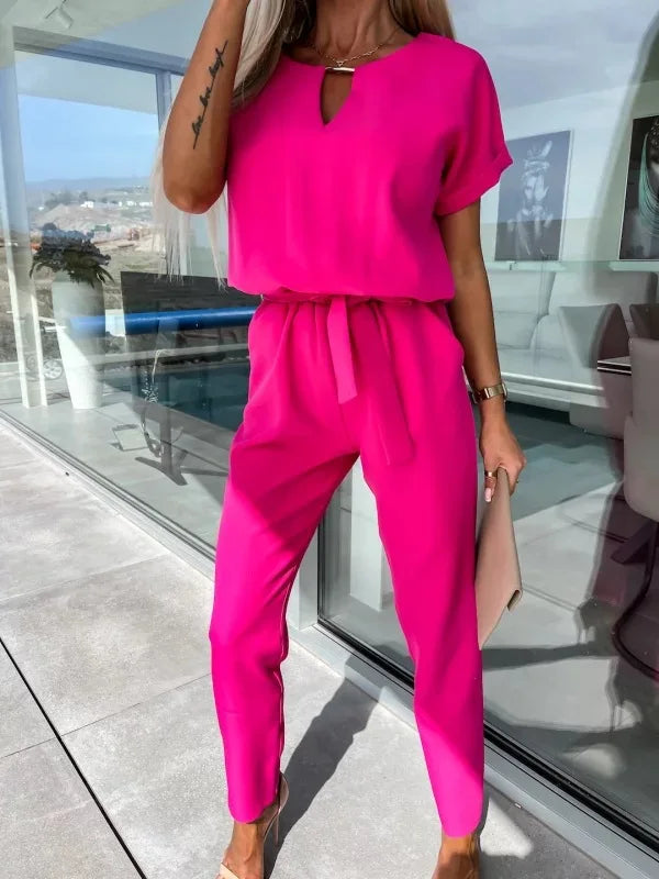 Women's Summer Jumpsuit Solid Color Short Sleeve V-neck Pocket Lace-up Pencil Long Pants
