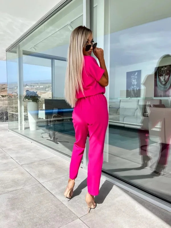 Women's Summer Jumpsuit Solid Color Short Sleeve V-neck Pocket Lace-up Pencil Long Pants