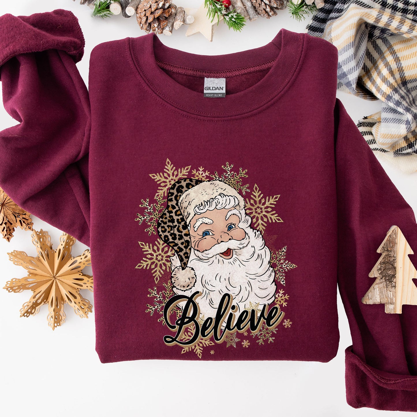 Santa Believe, Retro, Snowflakes, Christmas, Winter, Snow, Xmas Sweatshirt