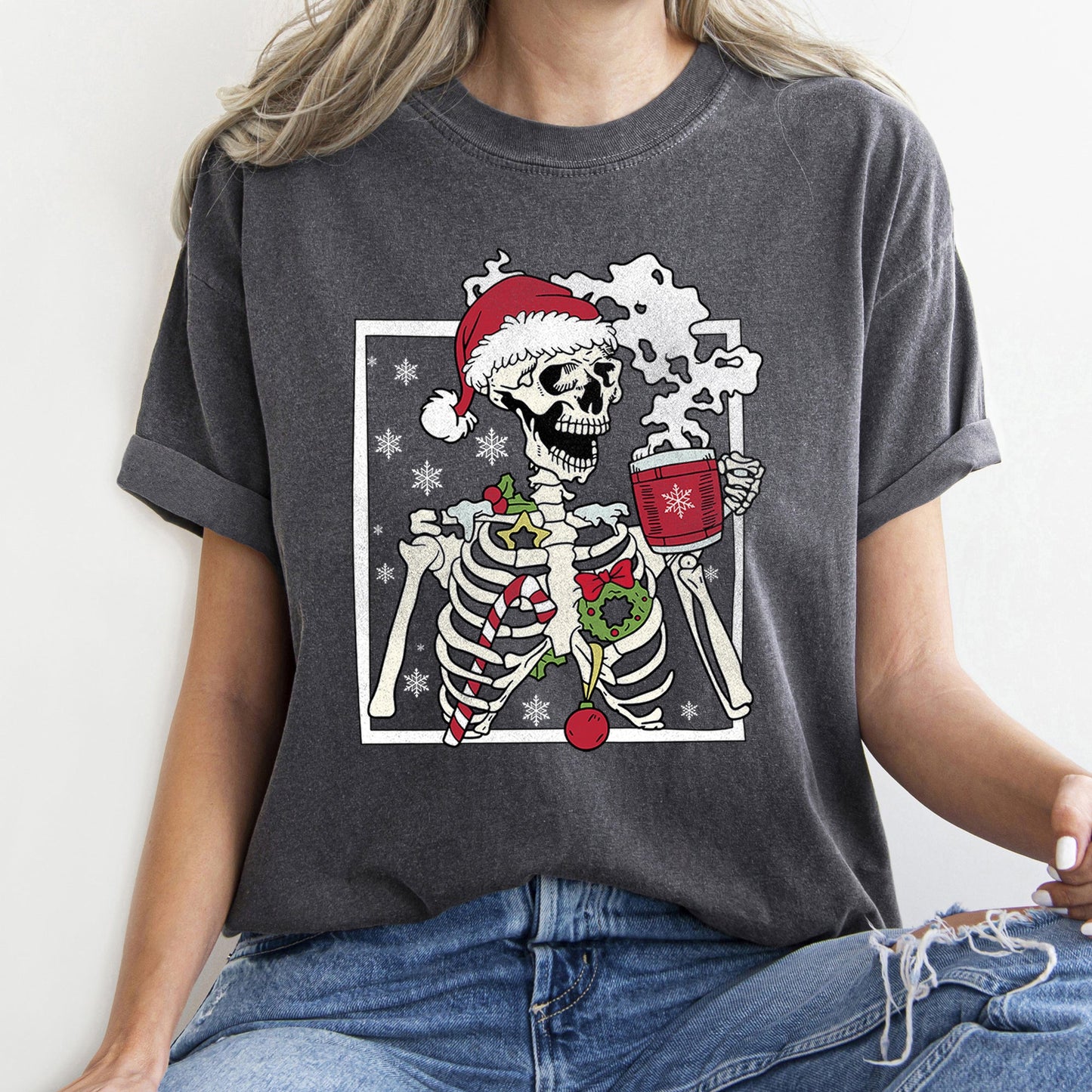 Santa Skeleton Coffee, Retro, Christmas, Comfort Colors Tshirt