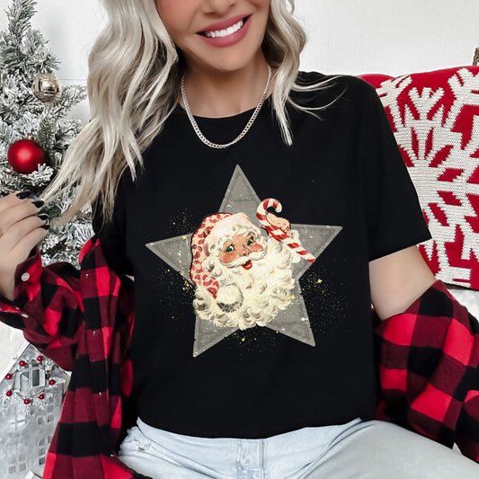 Santa, Retro, Green Star, Candy Cane, Christmas Super Soft Tshirt