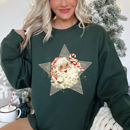 Santa, Retro, Grey Star Sweatshirt