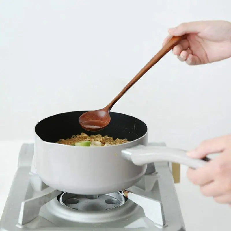 Korean Style 5 Pcs Long Spoons Wooden 10.9 inches 100% Natural Wood Handle Round for Soup Cooking Mixing Stirrer