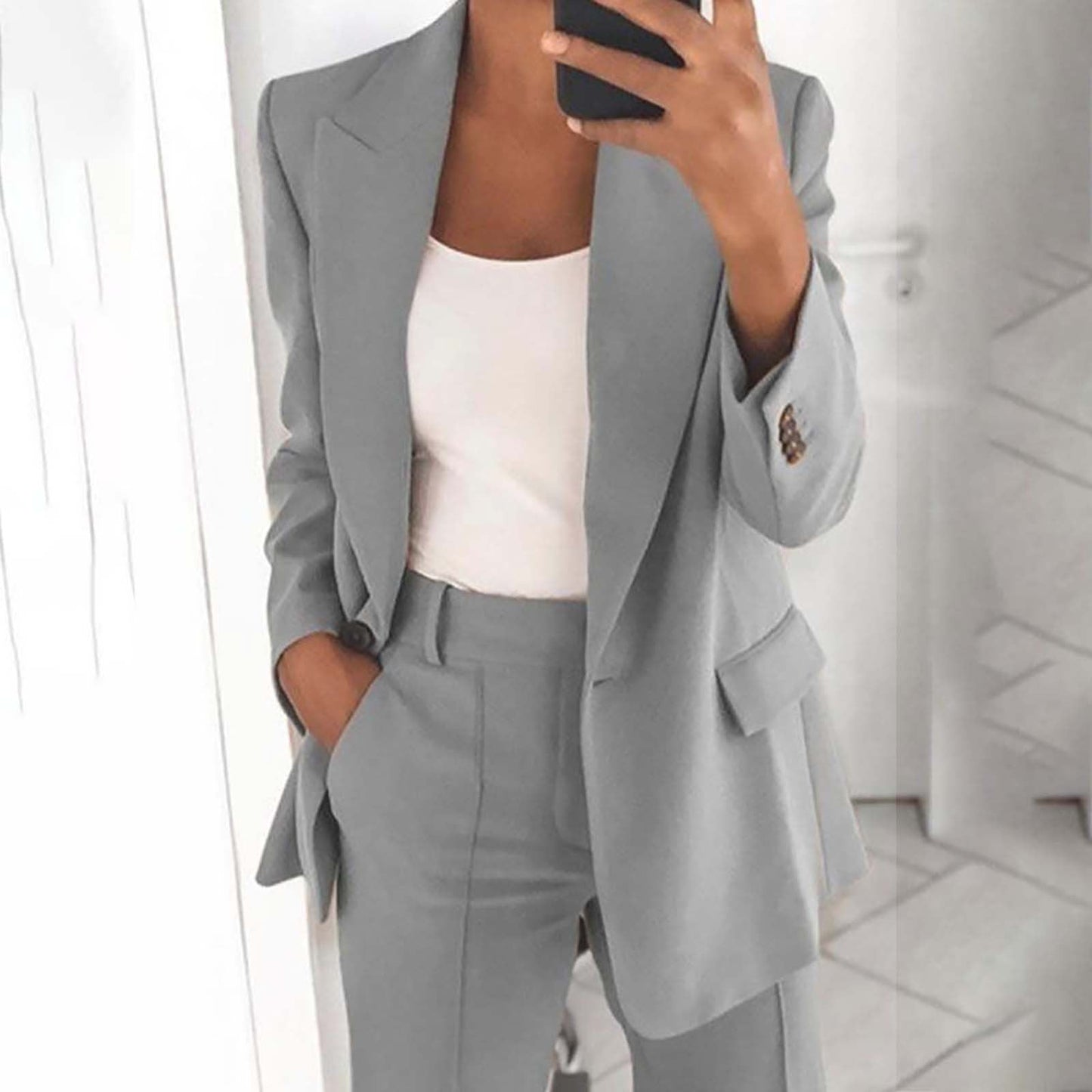 Solid Women's Blazer Coat Notched Long Sleeve Cardigan Button Casual Jacket for Office Ladies