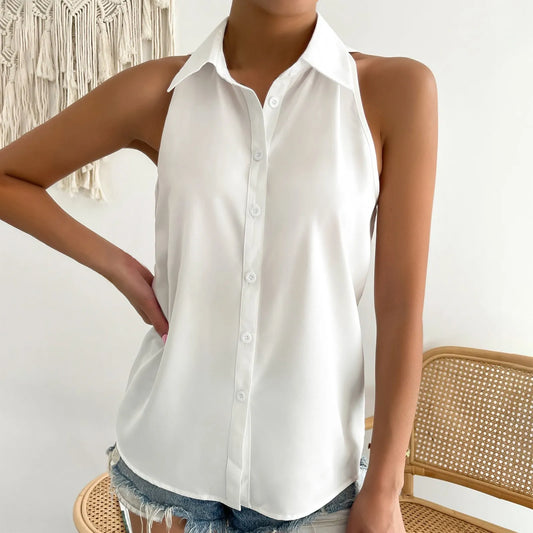Women's Sleeveless Blouse Button Down Solid Color Casual Loose V Neck Chiffon Top for Work