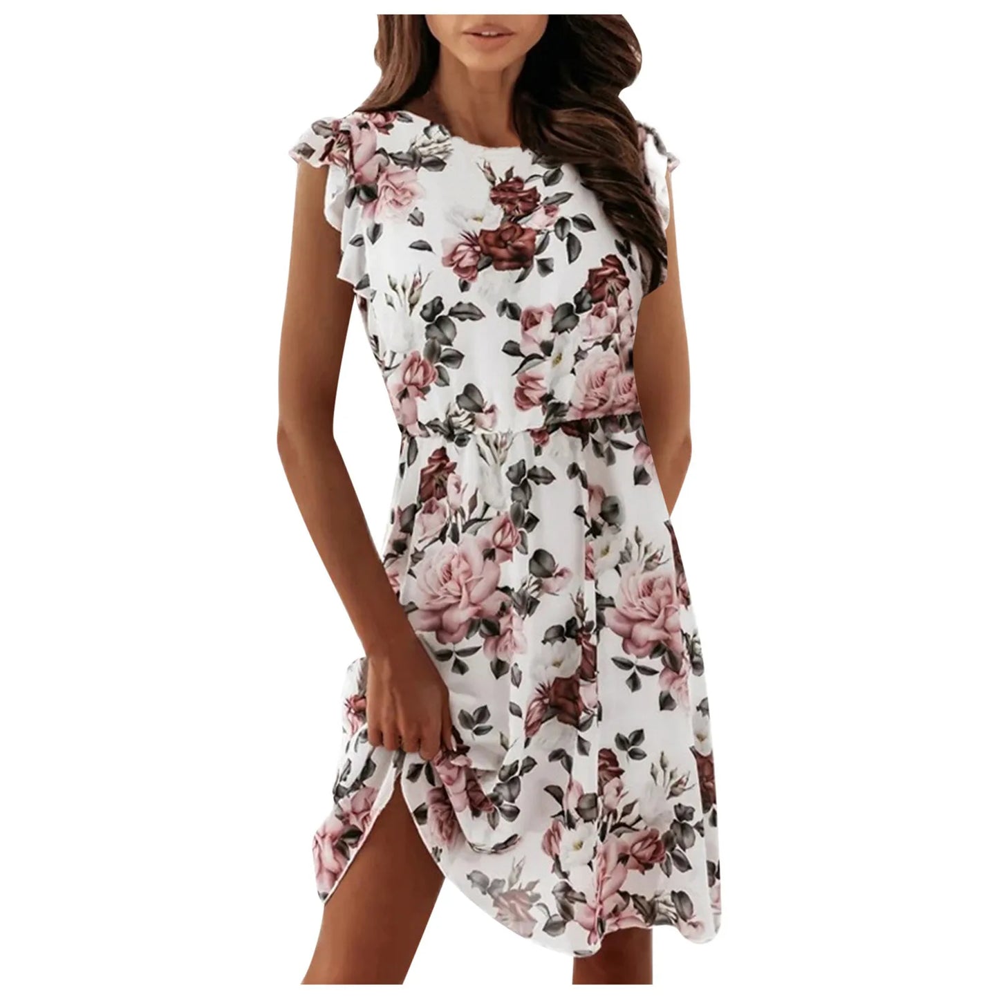 Lace-Up Mini Dress - Chiffon Print Short-Sleeved Ruffled Women's Dress