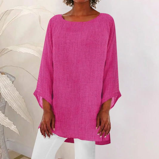 Vintage Cotton Linen Blouse Loose Blouses Summer Shirts Casual Long Sleeve Round Neck Solid Shirt