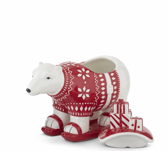 10" White & Red Ceramic Polar Bear Container