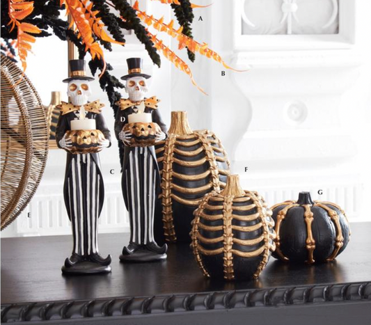 13" Black and Gold Skeleton Holding Gold Jack O Lantern