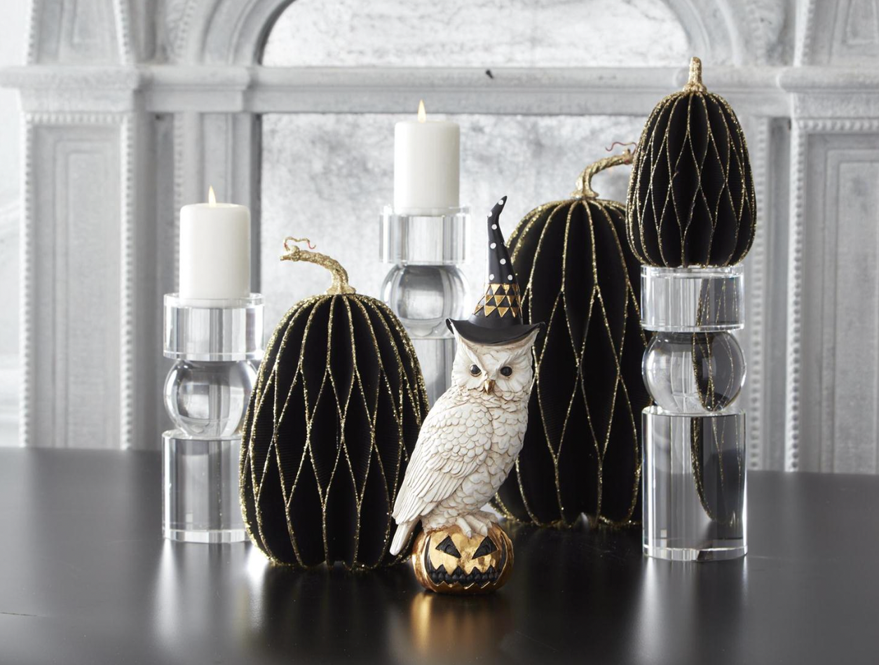 14" White and Gold Owl w/Witch Hat on Gold Jack O Lantern