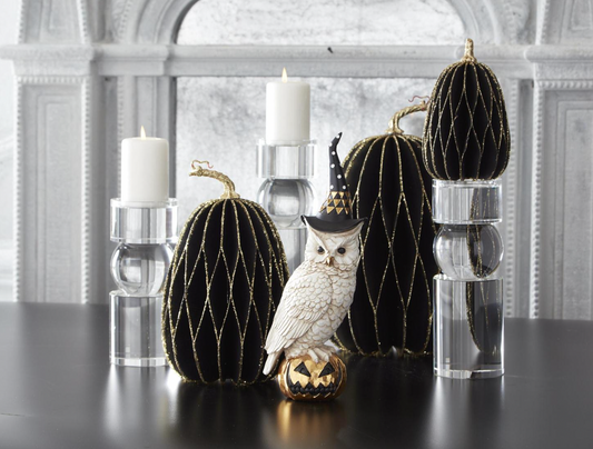 14" White and Gold Owl w/Witch Hat on Gold Jack O Lantern