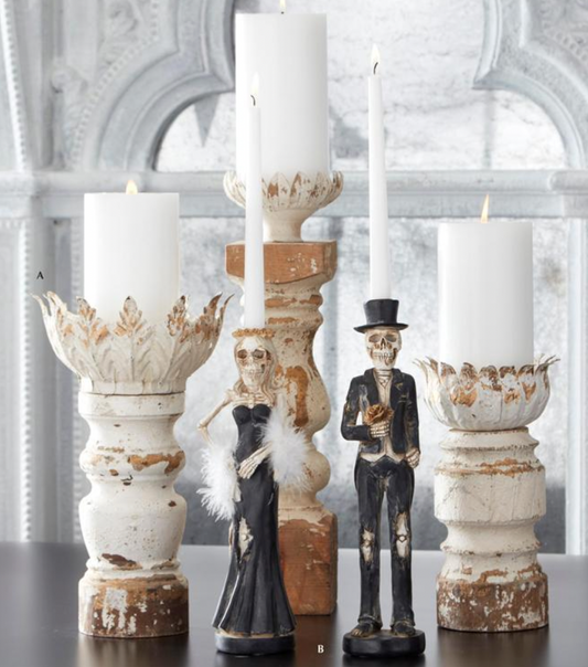 18" Resin Skeleton Lady & Man Taper Candlesticks
