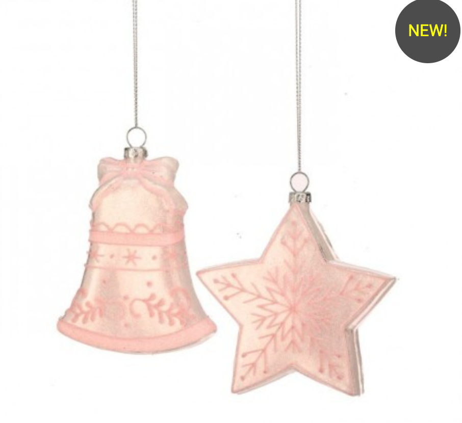 5" GLASS PINK SCROLL BELL - STAR ORNAMENT - SET OF 2