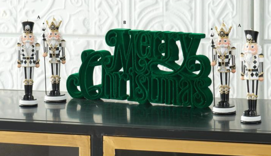 ROYAL COURT - 11.5" Green Velvet Resin Merry Christmas Cutout Tabletop