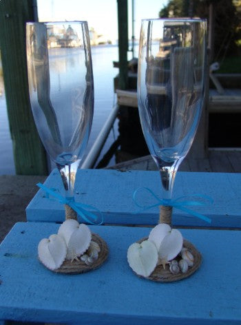 Beach Wedding Toasting Champagne Glasses Keepsake Flutes Rustic Twine and Real Heart Seashells Mini Sand Dollars Starfish Aqua Limpet Shells