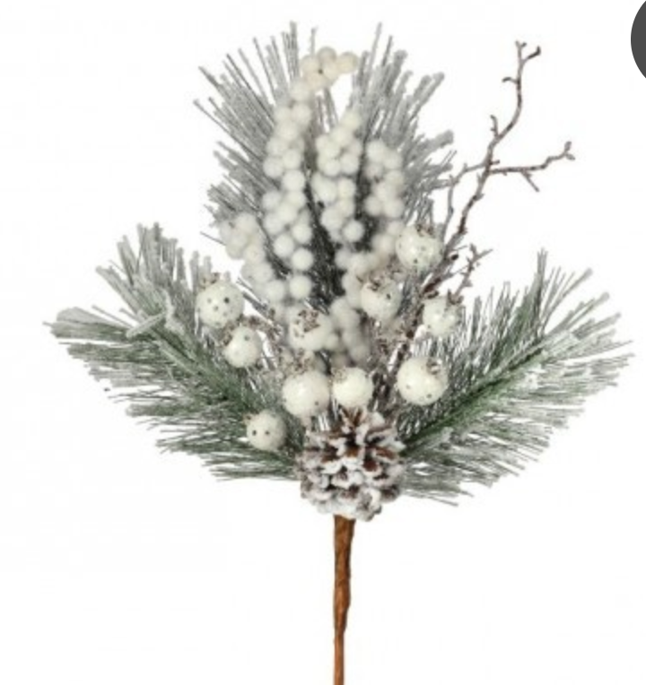 15" SNOWY PINE W/BRY/CONE PICK WHITE SNOW