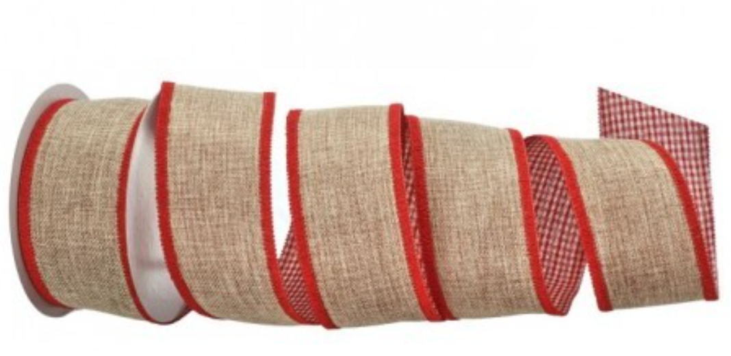 2.5"X10Y BURLAP/GINGHAM RIBBON RED/NATURAL