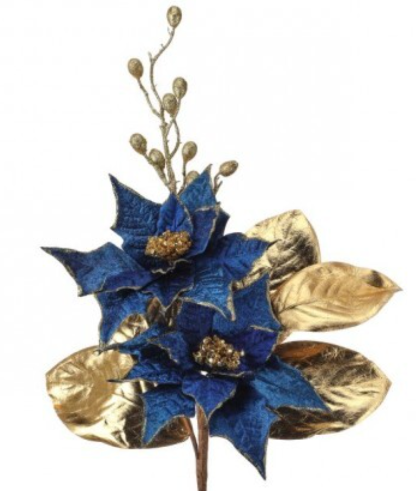 23" POINSETTIA/BERRY/ GOLD GILDED LEAF PICK MIDNIGHT BLUE