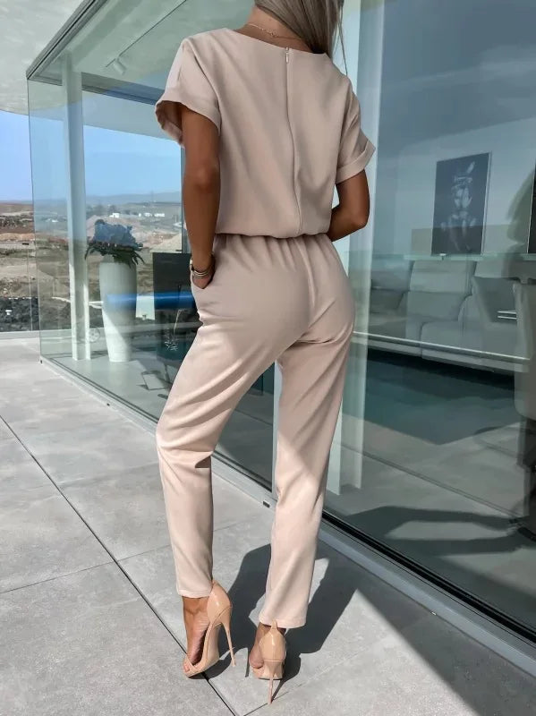 Women's Summer Jumpsuit Solid Color Short Sleeve V-neck Pocket Lace-up Pencil Long Pants