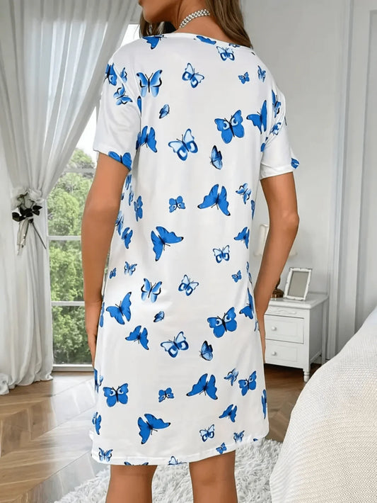 Soft and Casual Butterfly Print Sleepwear Nightgown, Short-Sleeved Loose Women's Loungewear