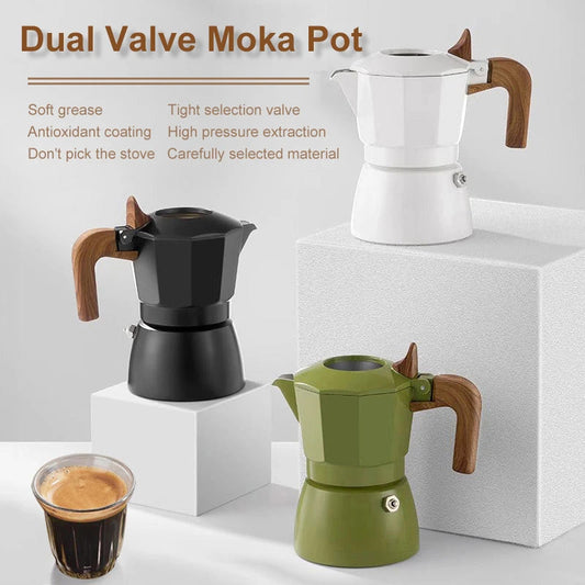 Espresso Maker Dual Valve Moka Pot Vintage Wooden Handle150ML Coffee | Coffee Makers | Kitchen + Metal
