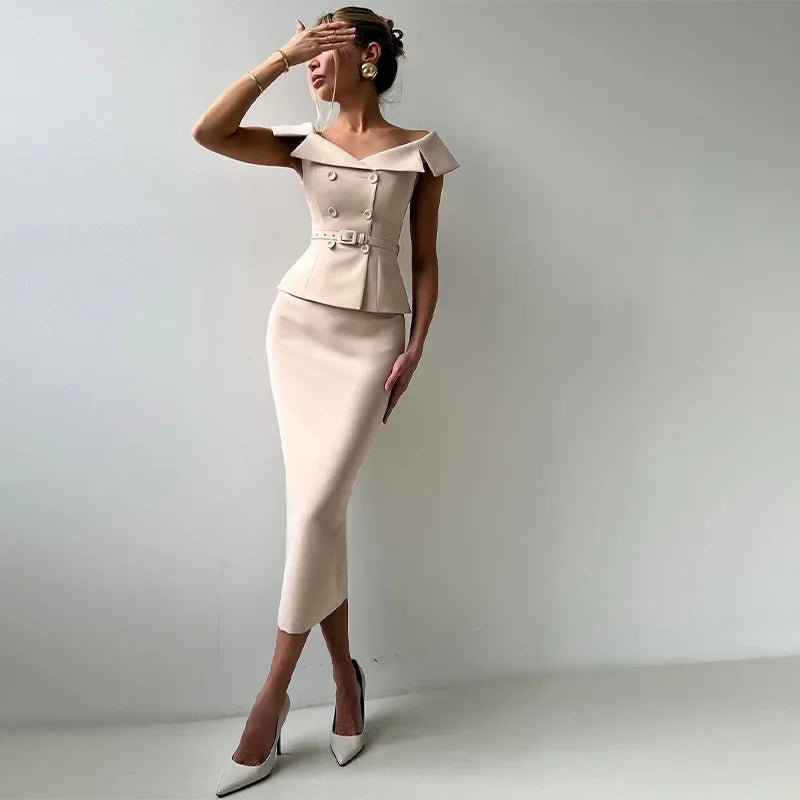 Elegant Midi Skirt Suit Women Double-Breasted Slim Top Belt Hip Package Skirt 2 Piece Outfits