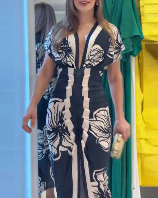 Women Elegant Floral Midi Dress V Neck Short Sleeve Ruched Casual Waist Slit Midi Dress