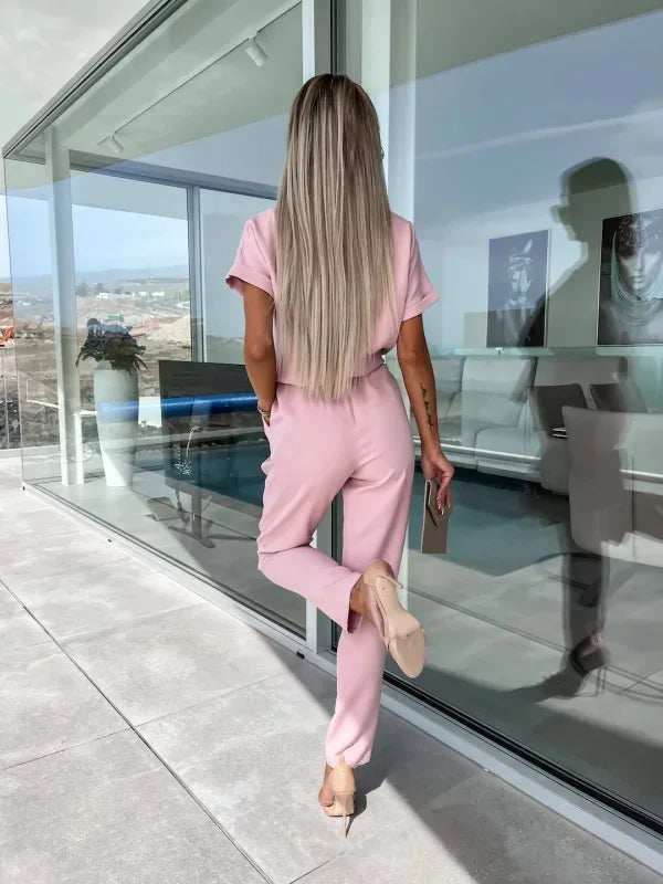 Women's Summer Jumpsuit Solid Color Short Sleeve V-neck Pocket Lace-up Pencil Long Pants
