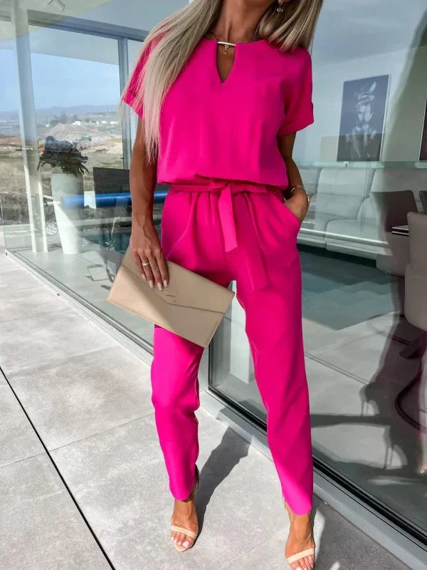 Women's Summer Jumpsuit Solid Color Short Sleeve V-neck Pocket Lace-up Pencil Long Pants