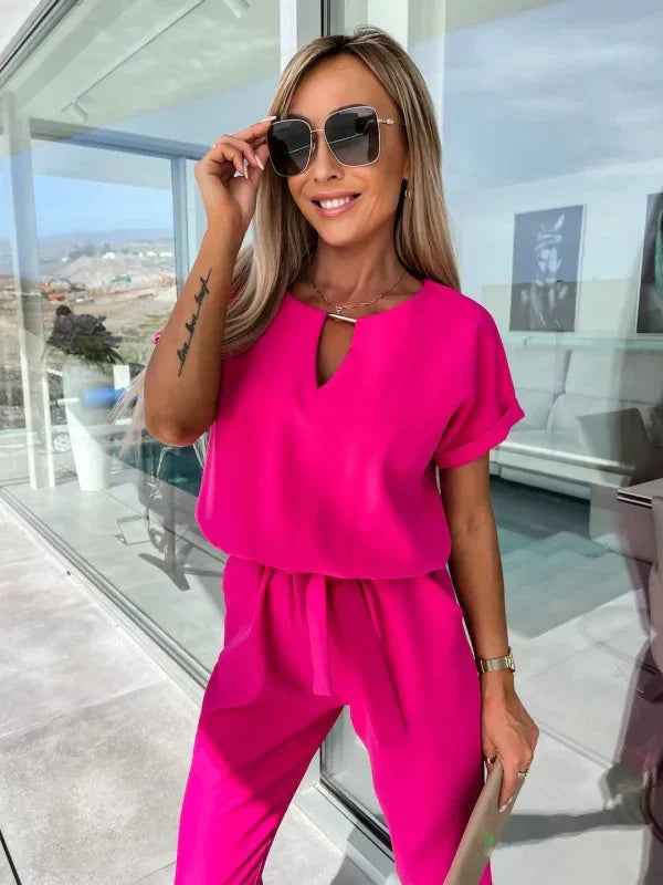 Women's Summer Jumpsuit Solid Color Short Sleeve V-neck Pocket Lace-up Pencil Long Pants