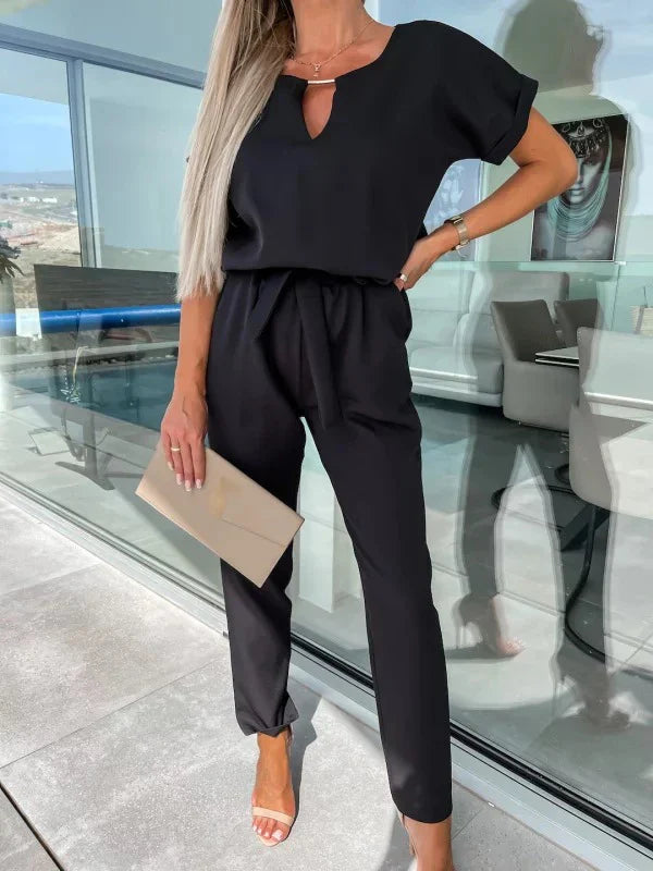 Women's Summer Jumpsuit Solid Color Short Sleeve V-neck Pocket Lace-up Pencil Long Pants