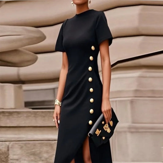 Summer Asymmetrical Maxi Dress for Women - Elegant High-Low Party Dress with Short Sleeves and Button Detail