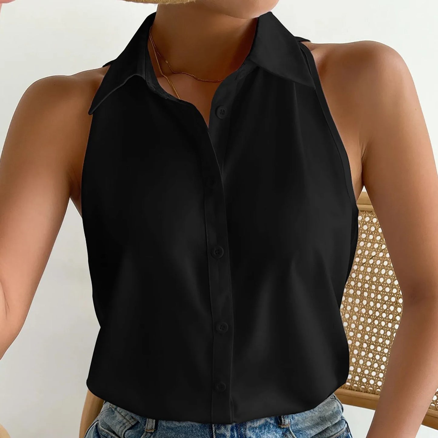Women's Sleeveless Blouse Button Down Solid Color Casual Loose V Neck Chiffon Top for Work
