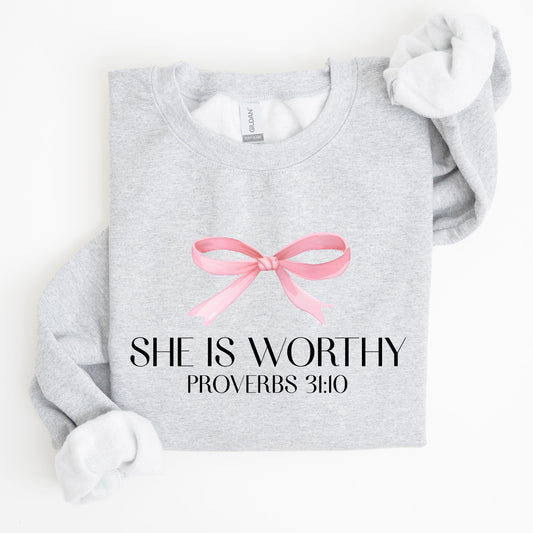 She Is Worthy, Bible Verse, Christmas, Bow, Pink, Proverbs, Soft Girl Era Sweatshirt