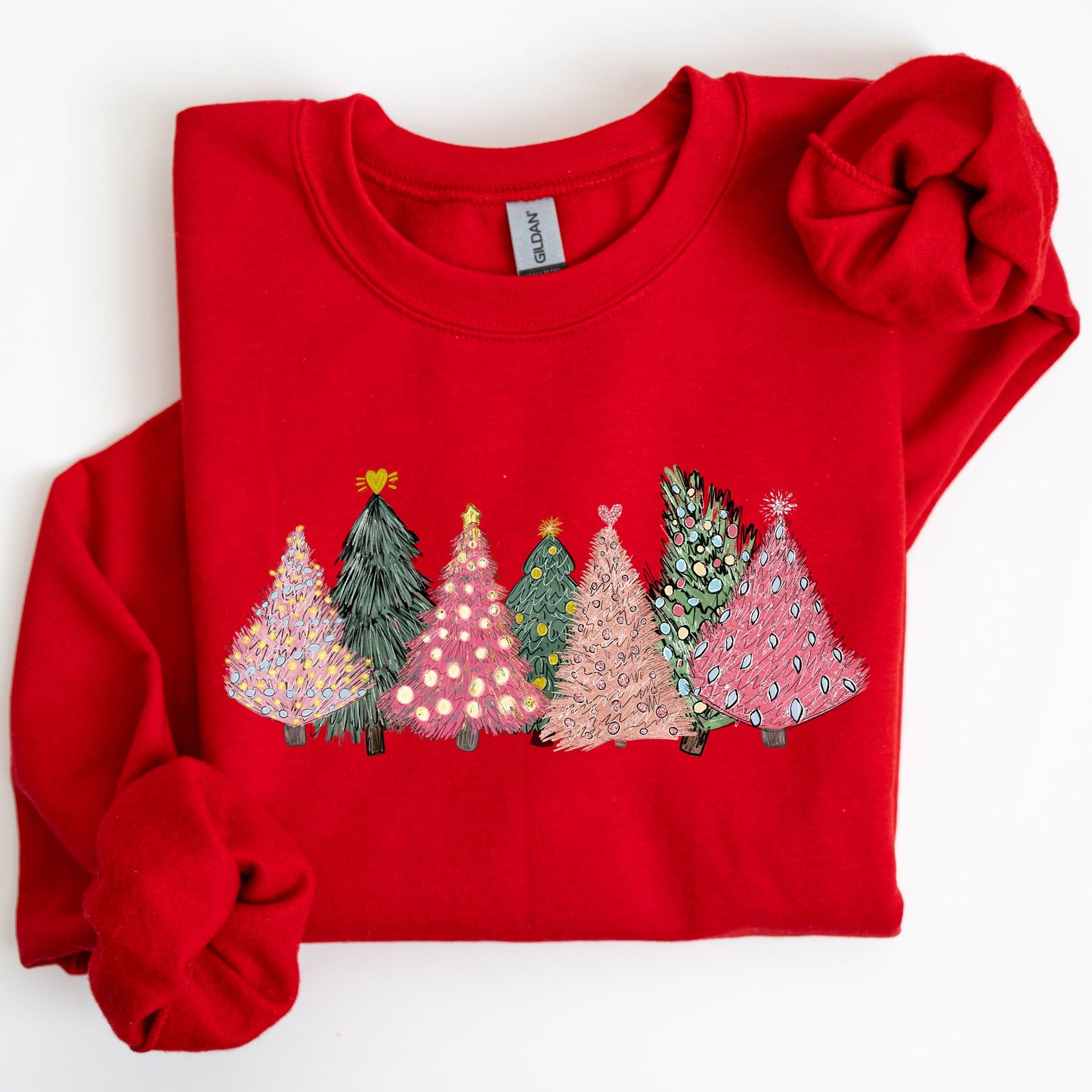 Sketched Christmas Trees, Christmas Heart, Vibrant, Winter, Snow, Xmas Sweatshirt