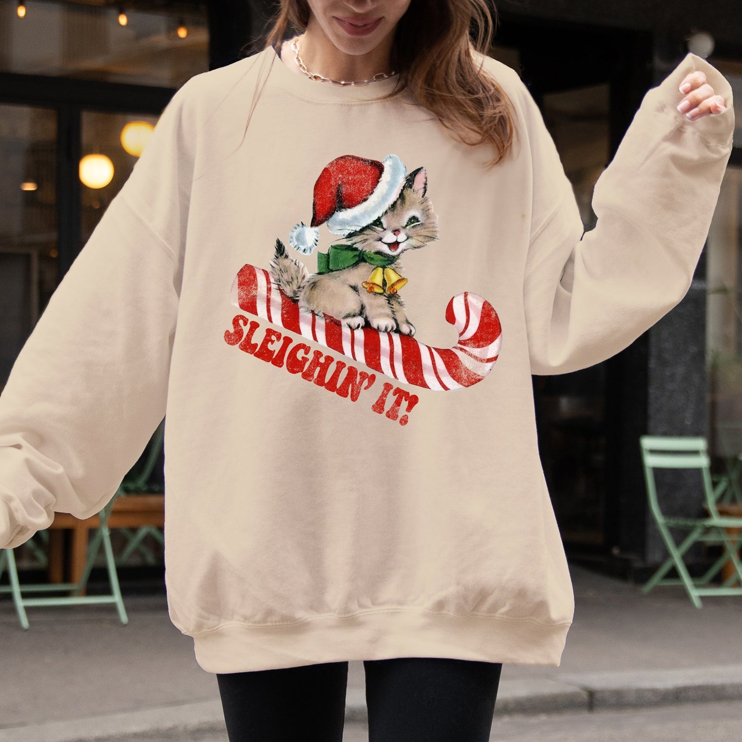 Sleighing It, Cute Kitty, Cat, Christmas, Winter, Fun, Santa, Xmas Sweatshirt
